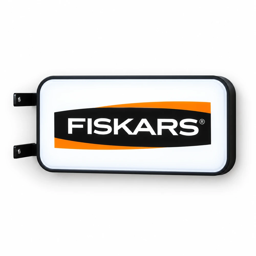 Wizualizacja dwustronnego kasetonu semafora Fiskars na wysięgniku ściennym, podświetlanego LED