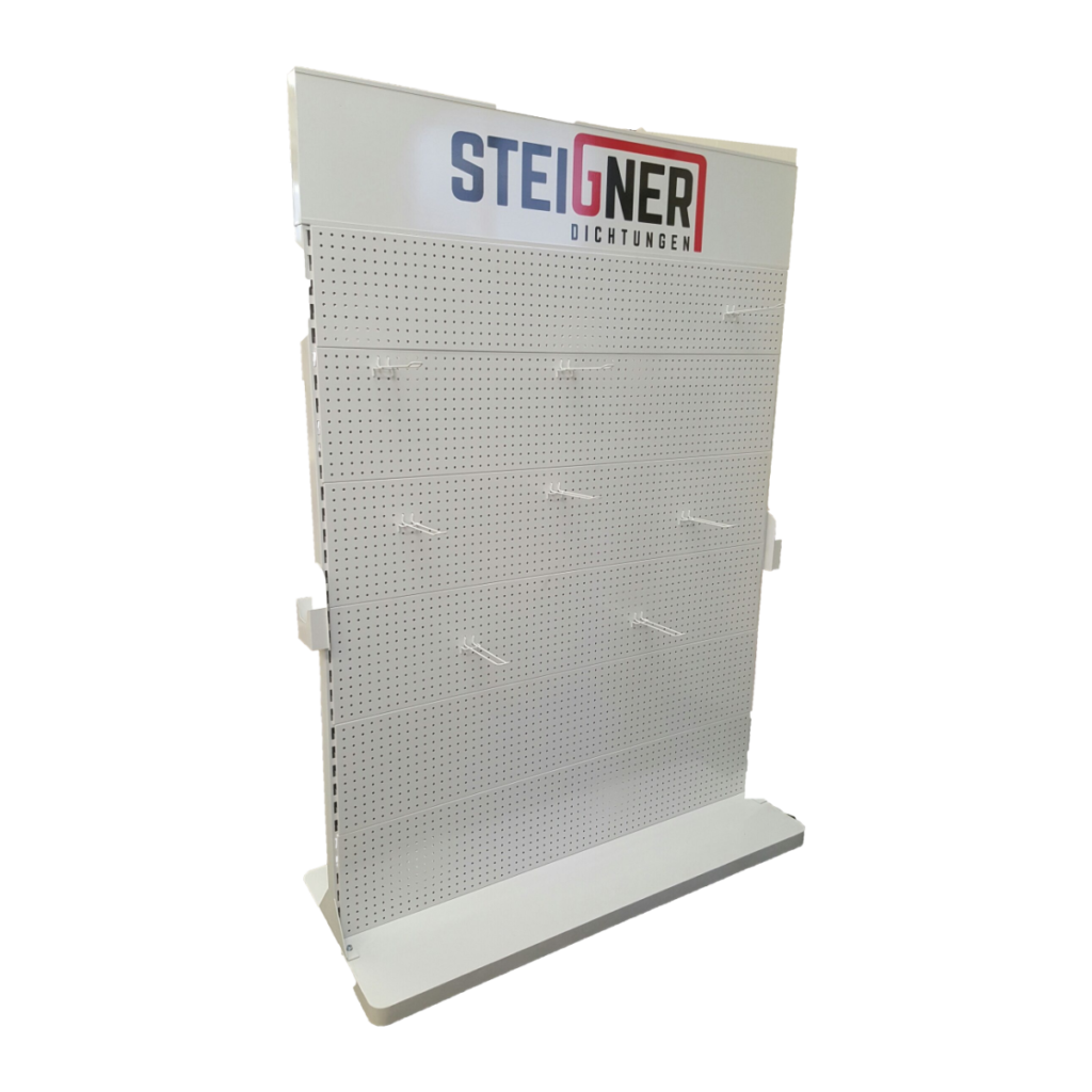 Prototyp białego stojaka Steigner z panelem perforowanym